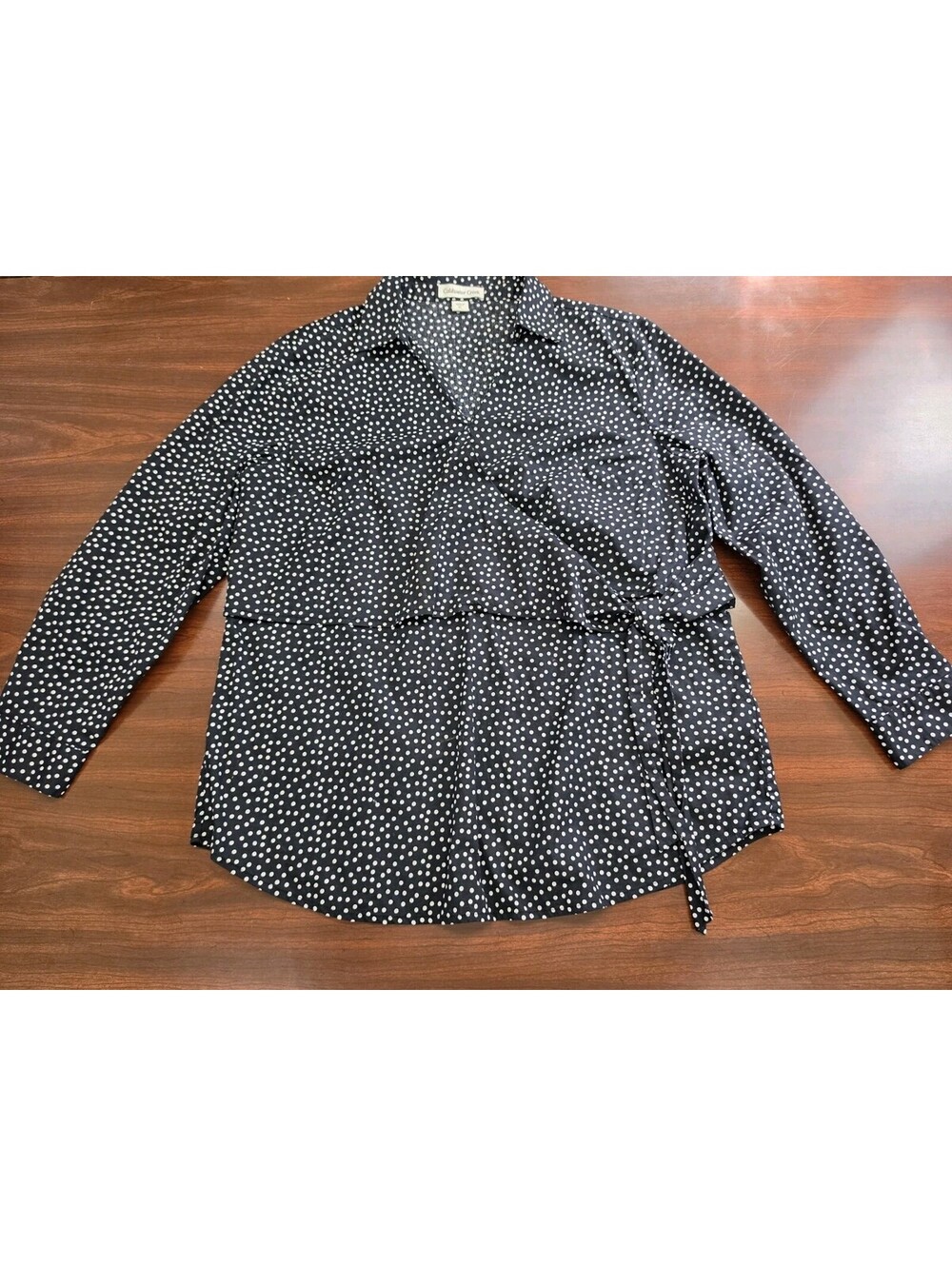 Coldwater Creek Womens PL Black White Polka Dot Wrap Tie Long Sleeve Casual Chic